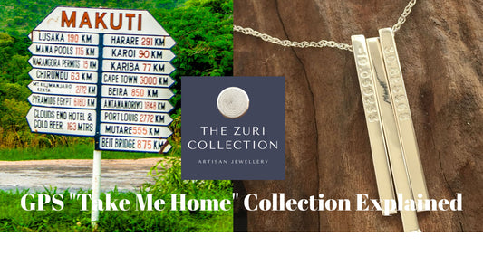 Mukuti Sign showing all the places you can go and a gps necklace with the gps coordinates of your favourite place in the world.