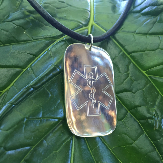 Sterling Silver Single Dog Tag Medical Alert Necklace on Leather