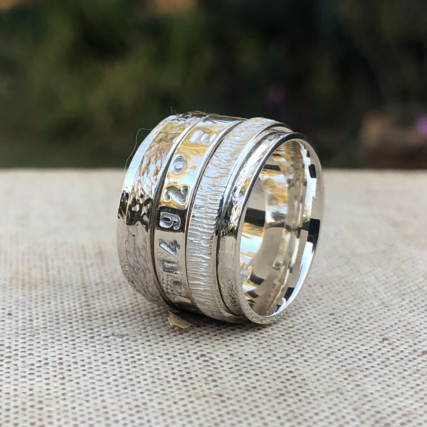 Sterling Silver Hammered GPS Coordinates Spinner Ring Made in Africa, Zimbabwe