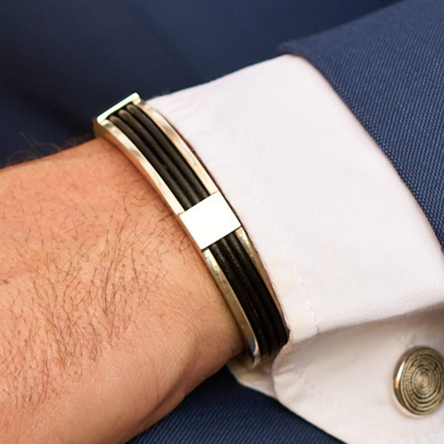 African leather and silver bangle made in Zimbabwe