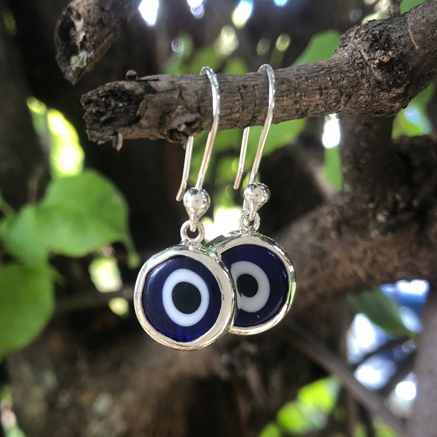 simple blue evil eye sterling silver earrings, gift for her