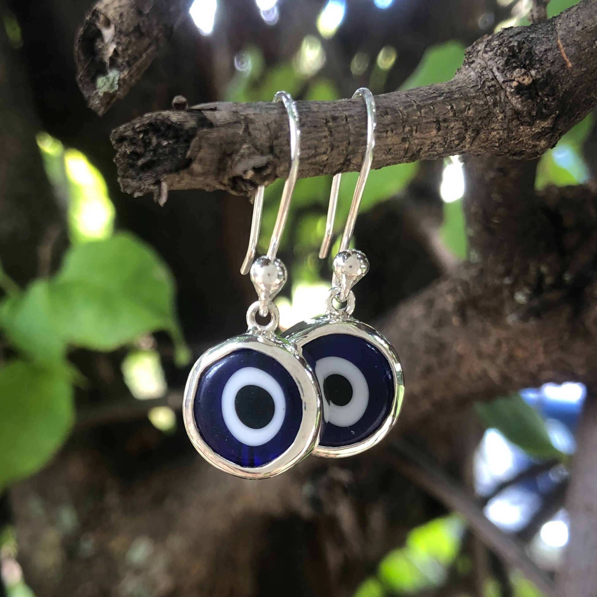 simple blue evil eye sterling silver earrings, gift for her