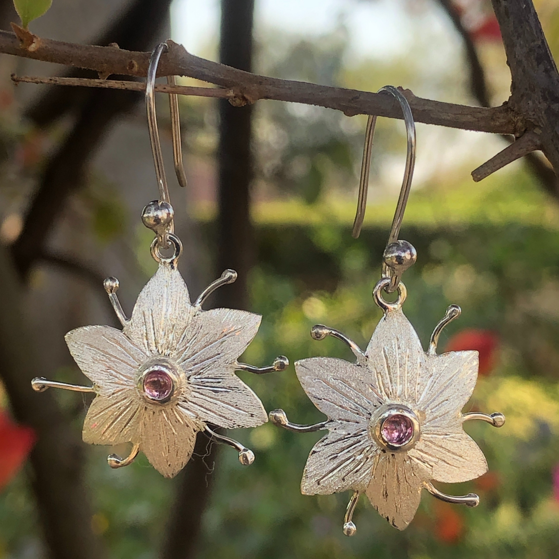 Sterling Silver Botanical Earrings with Gemstones Made in Zimbabwe, Bulawayo,Africa