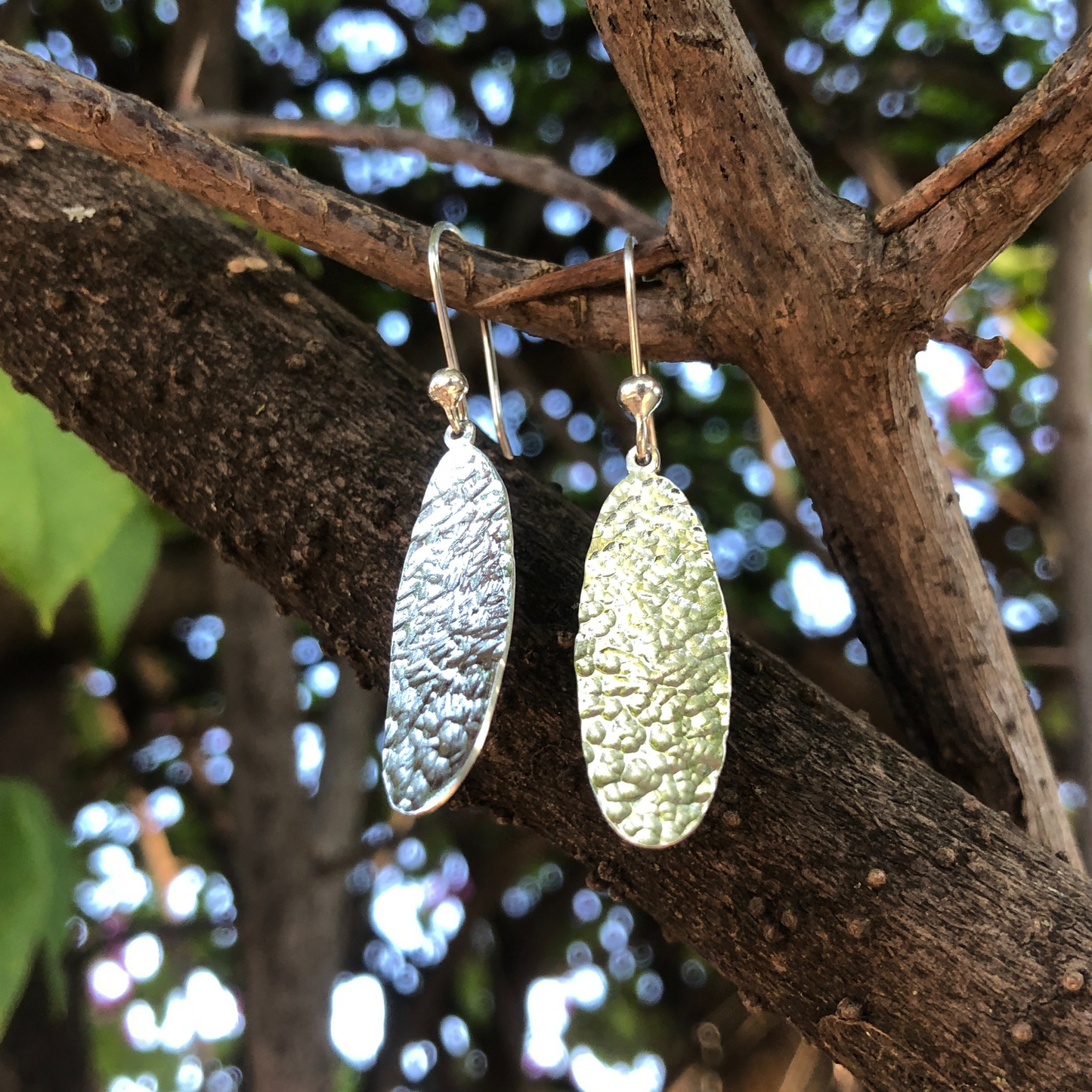 Handmade Flat Hammered Sterling Silver Earrings with French Hooks, made in Zimbabwe Africa