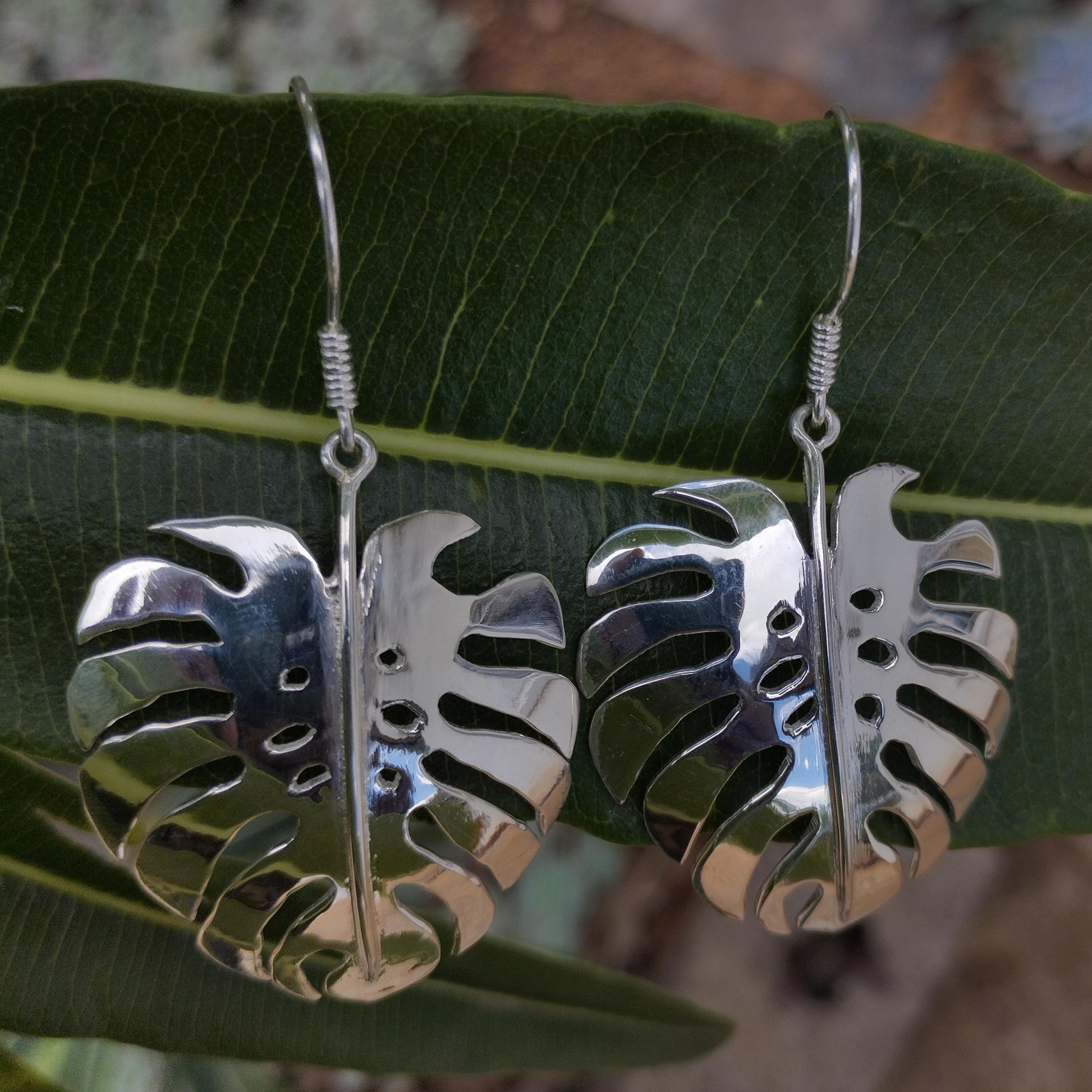 Silver Monster earrings, monstera Leaf jewelery, chunky, large, giant