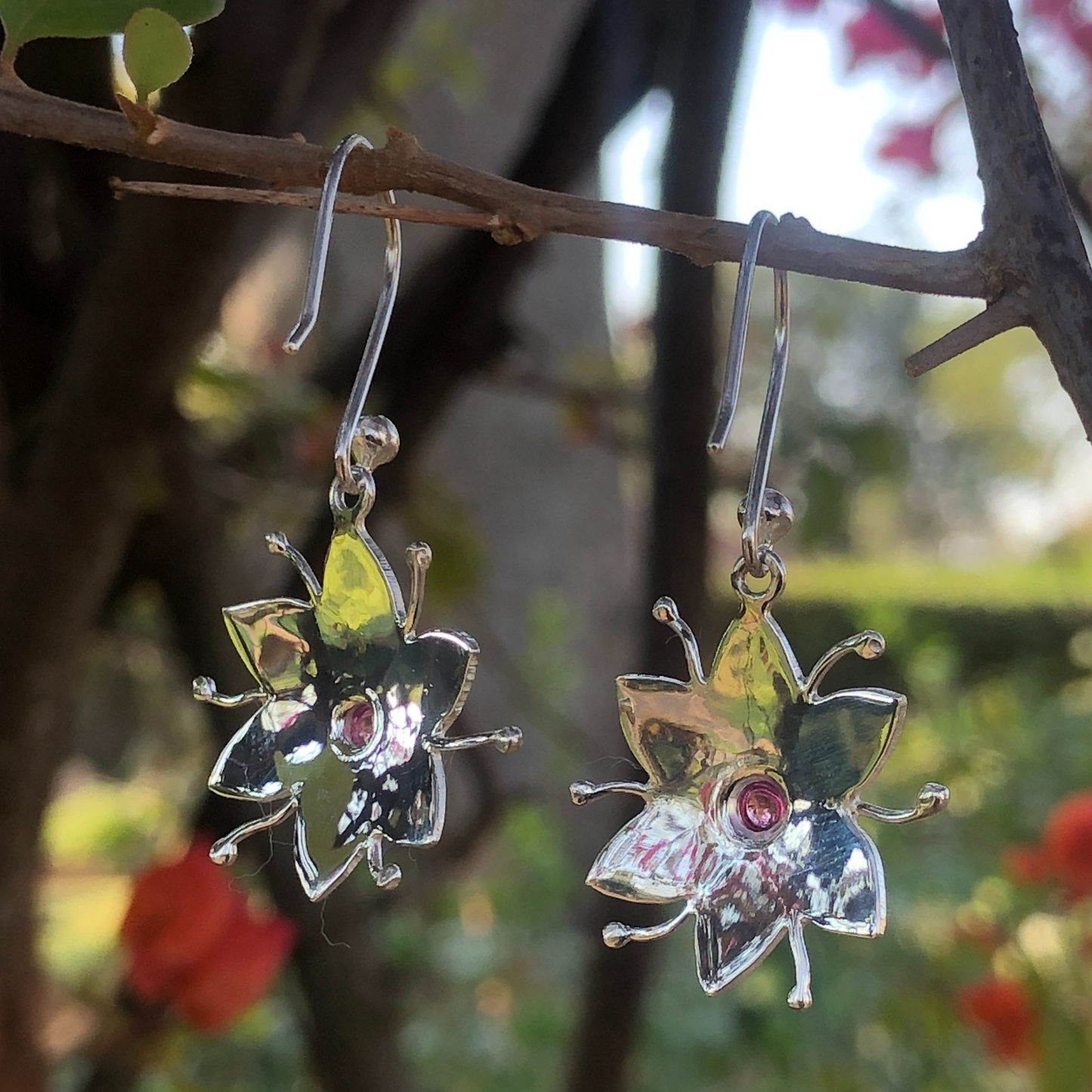 African Handmade Silver flower Earrings made in Zimbabwe, starlike, birthstone