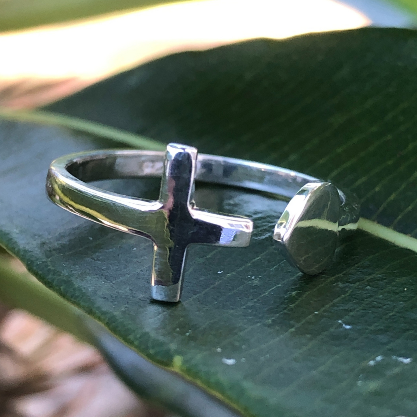 Sterling Silver Heart and Cross Cuff Ring