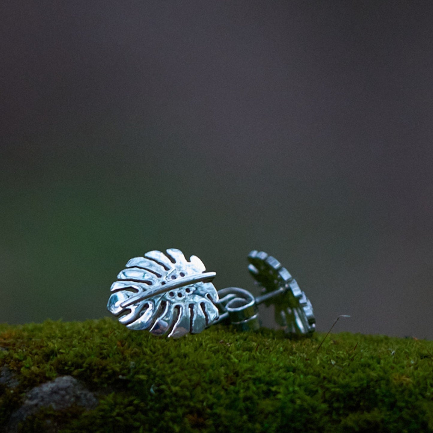 Mini Monstera African Silver Studs, Zimbabwean - Botanical silver jewelry