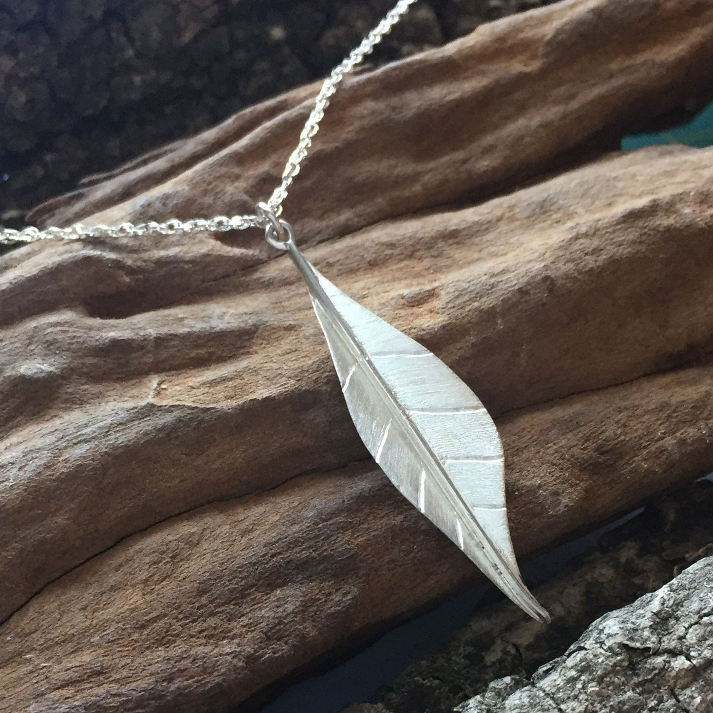 Handmade silver leaf necklace with chain made by The Zuri Collection