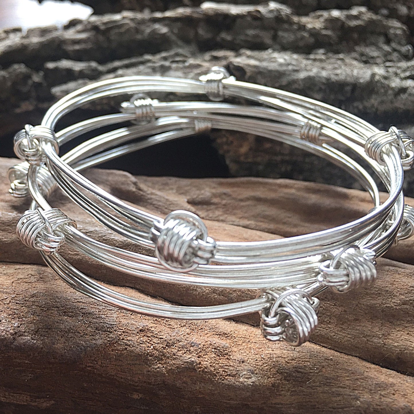 Handmade Sterling Silver Elephant Hair Bangles made in Africa , three strand and four knot designs