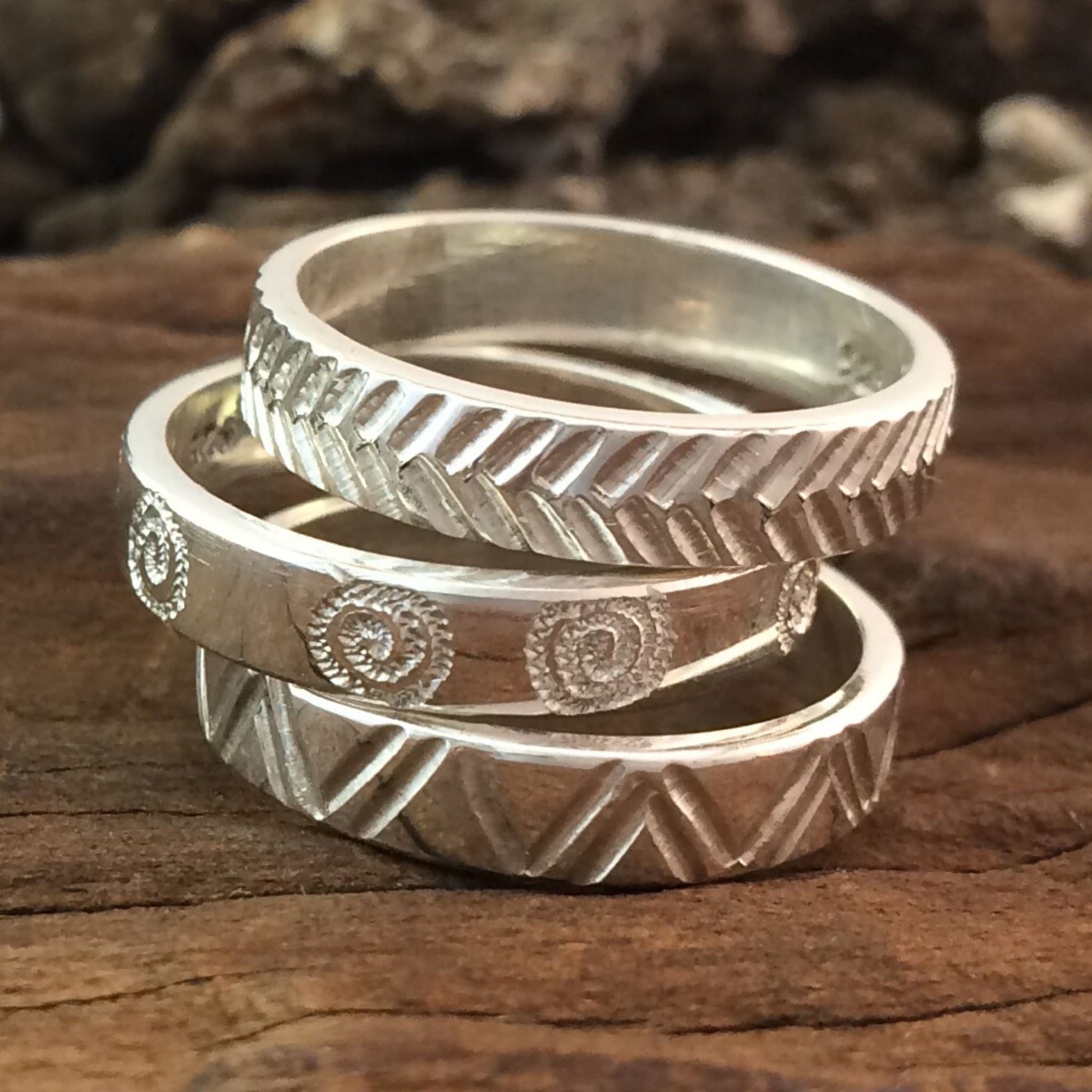 Silver Ndoro Great Zimbabwe Stacking Ring with 3 plain Rings made by the zuri Collection