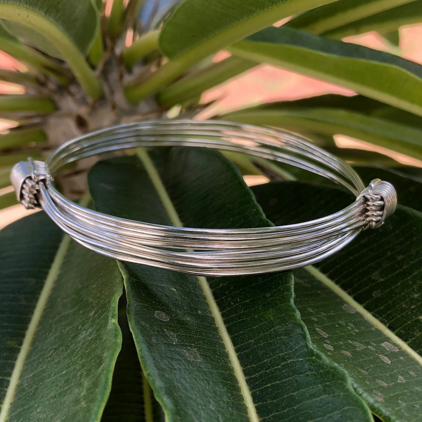 Two Knot, 5 Strand Elephant Hair Bangle in Sterling Silver