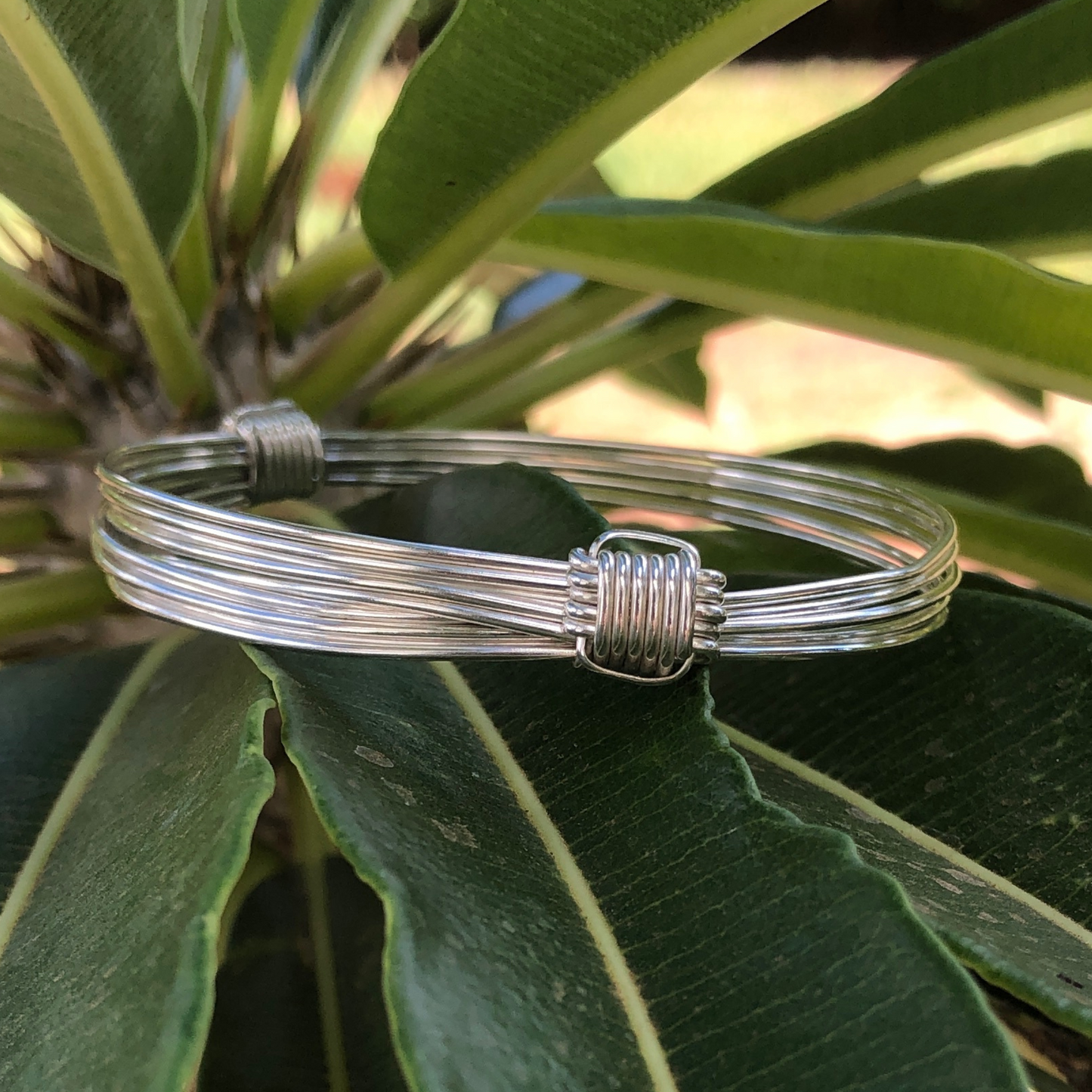 Two Knot, 5 Strand Elephant Hair Bangle in Sterling Silver