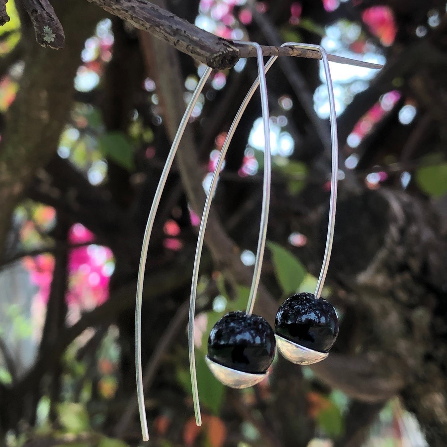 Onyx And Silver Bead Earrings