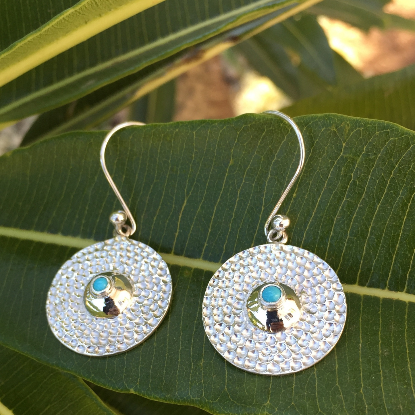 African Silver Hammered Turquoise Earrings made in Zimbabwe, Bulawayo