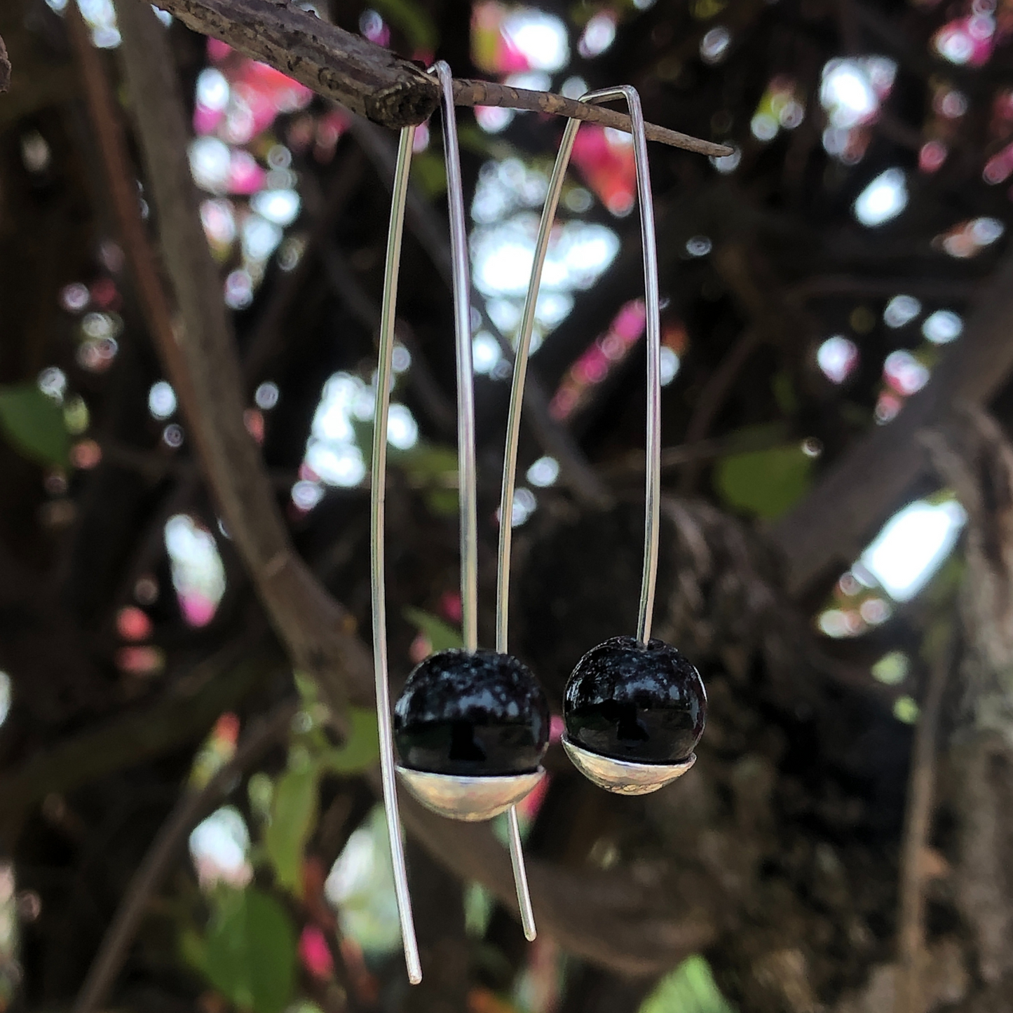 Onyx And Silver Bead Earrings