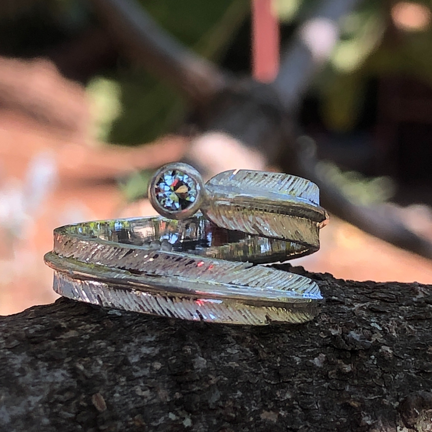 Birthstone Feather Cuff Ring in Sterling Silver