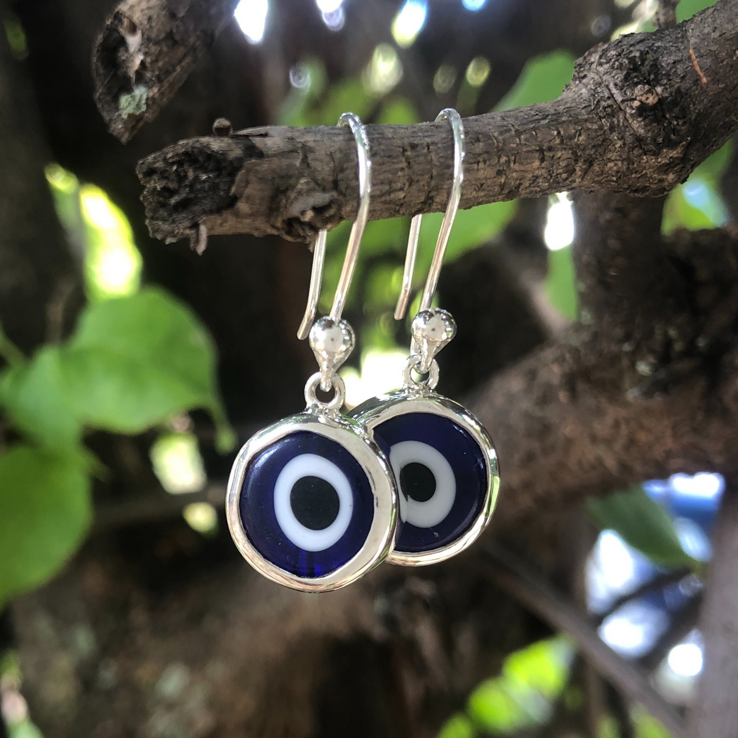 simple blue evil eye earrings