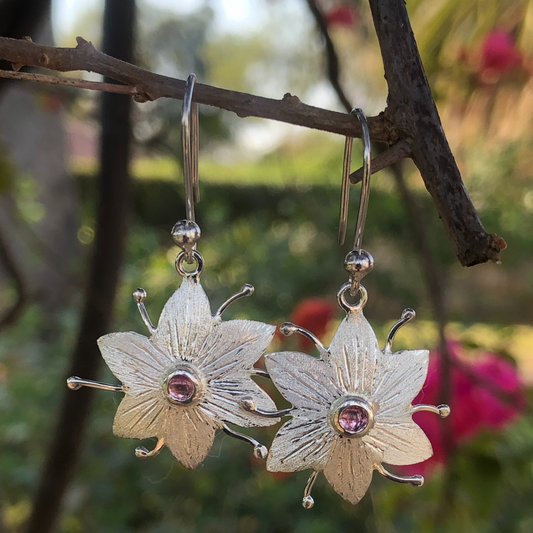 Sterling Silver Flower Earrings with Gemstones
