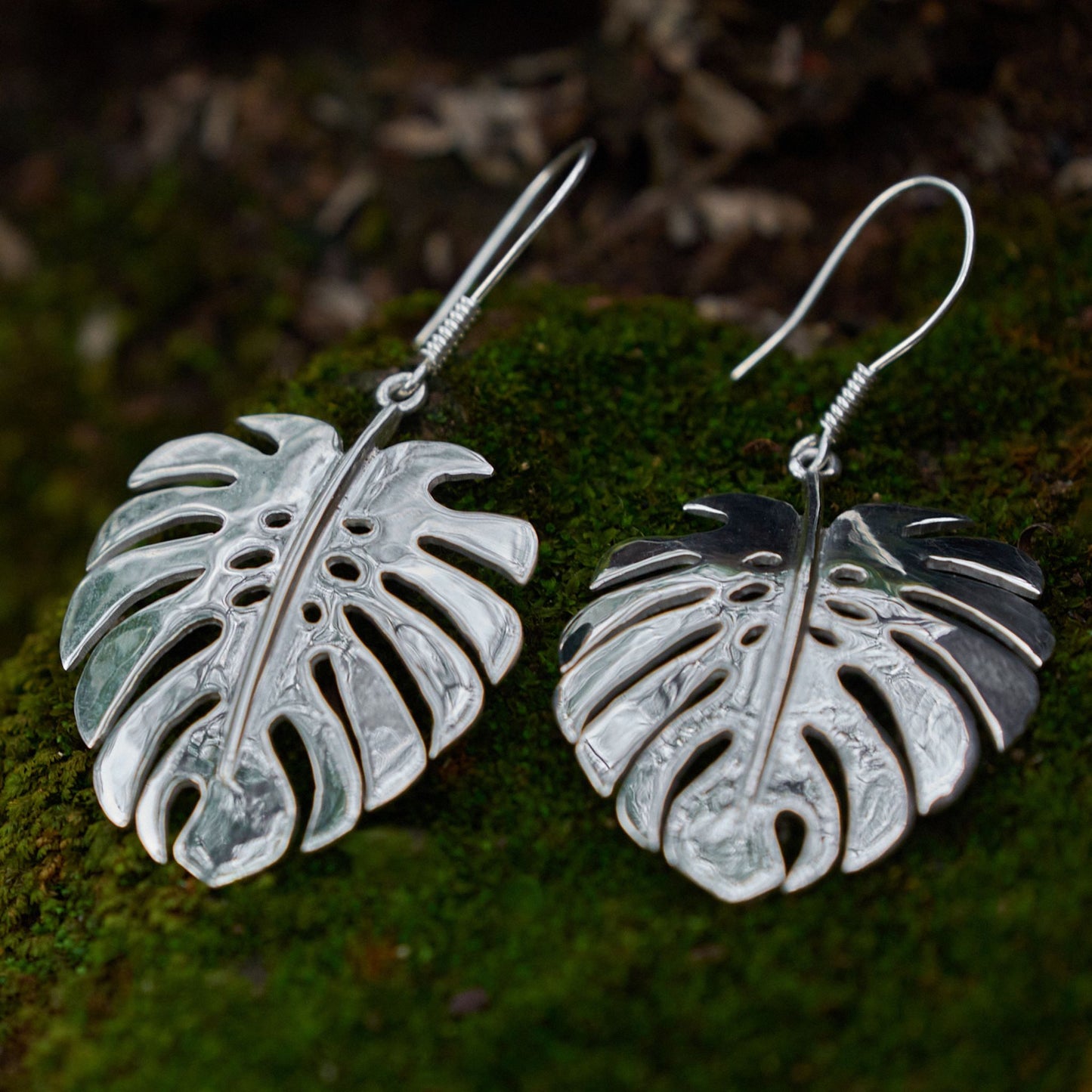 African Silver Monstera Leaf French Hook Earrings Made by The Zuri Collection, Zimbabwe