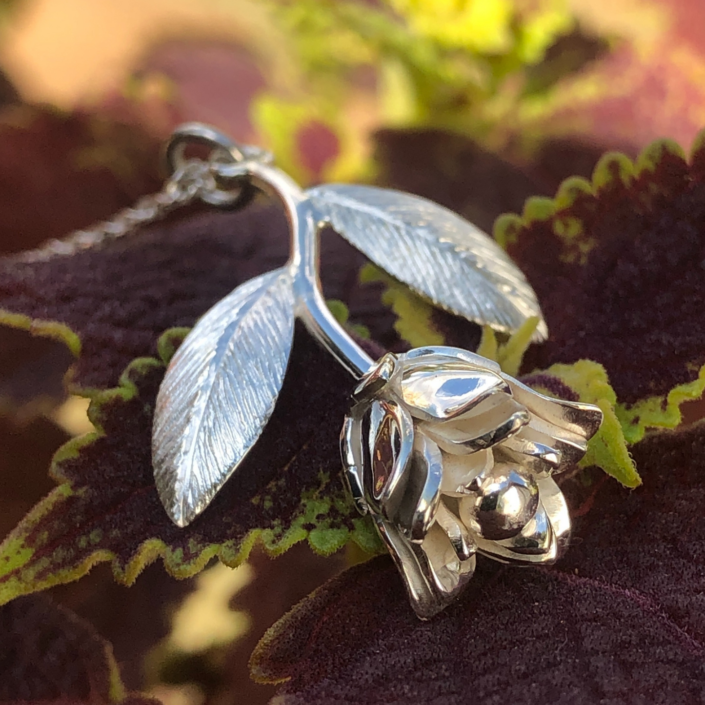 silver rose floral pendant