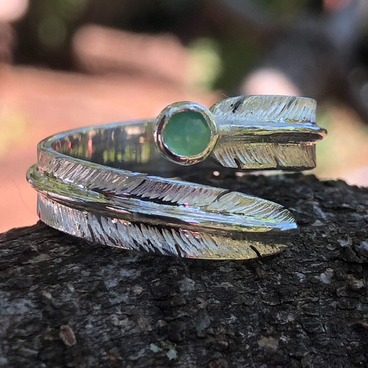 Birthstone Feather Cuff Ring in Sterling Silver