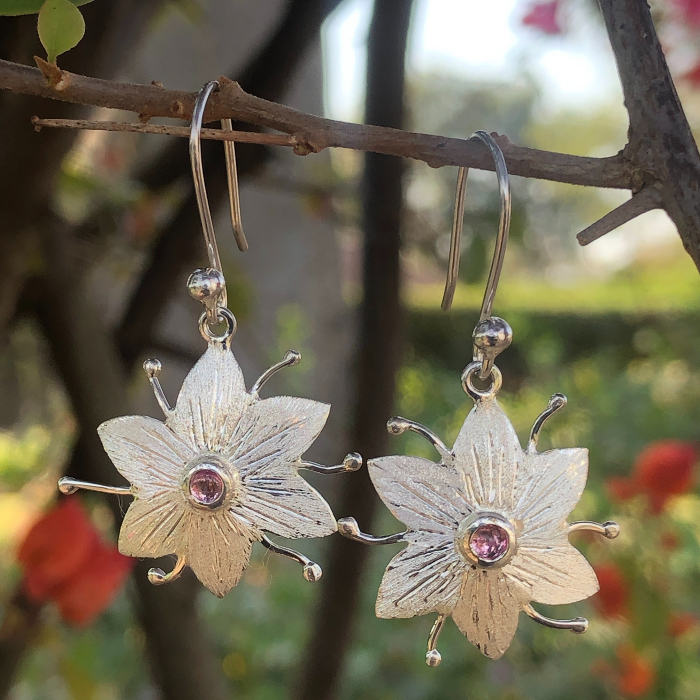 Silver Drop Flower Earrings with Gemstones Made by the Zuri Collection in Africa