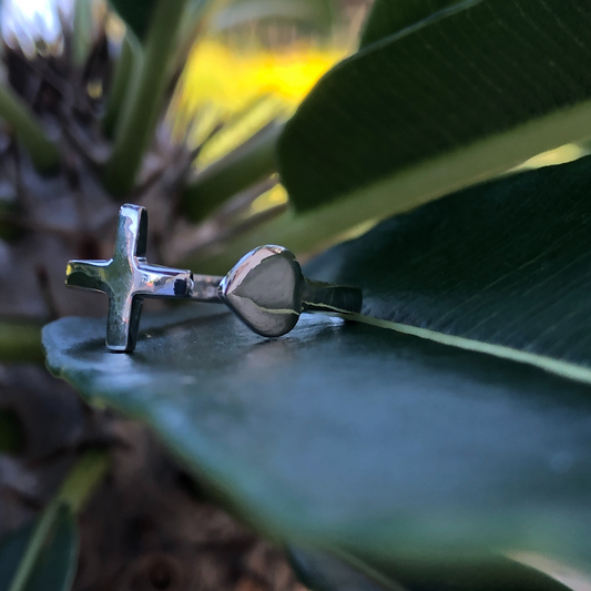 Sterling Silver Heart and Cross Cuff Ring