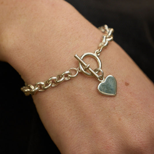 Sterling Silver Rolo Chain Bracelet with Heart Made in Zimbabwe