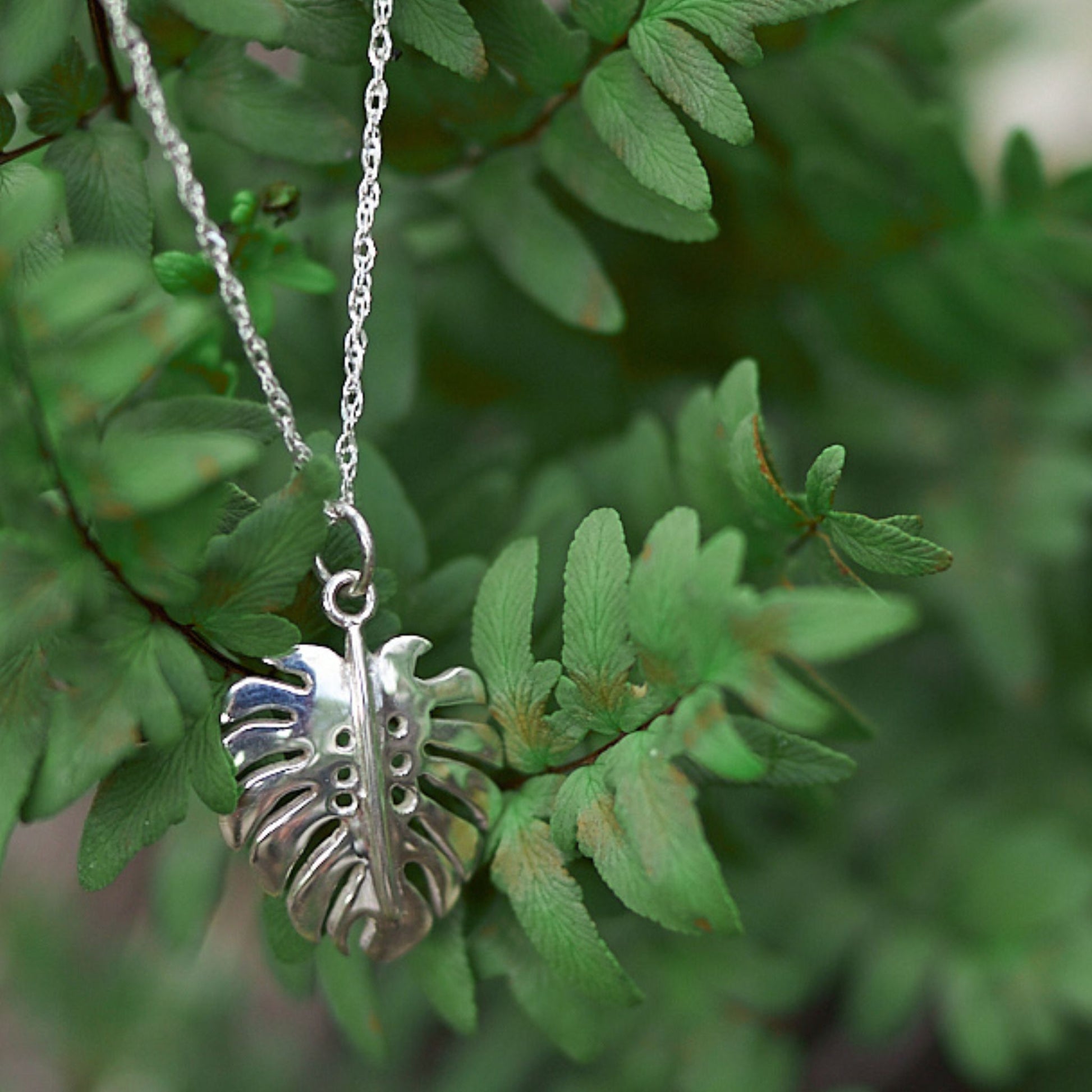 African Handmade Small Monstera Leaf Silver Necklace made in Zimbabwe