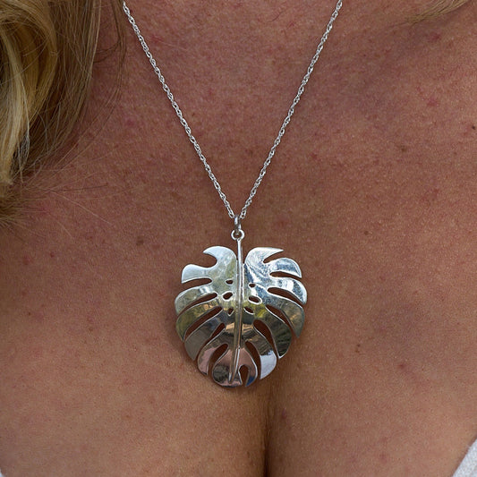 Silver Handmade Large Monstera Leaf Necklace Made in Zimbabwe
