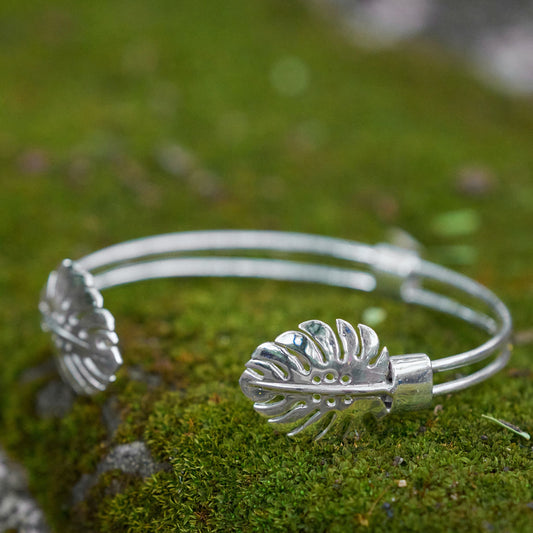 African Silver Monstera cuff bangle made in Zimbabwe by the Zuri Collection