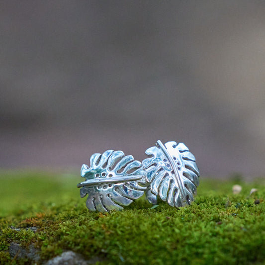 silver monstera leaf stud earrings
