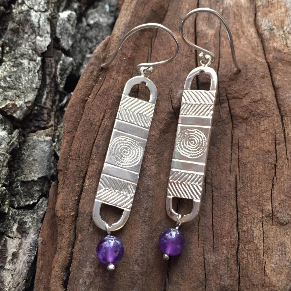 Silver Earrings with Ndoro, Amethyst and Ethnic Patterns Made by the Zuri Collection 