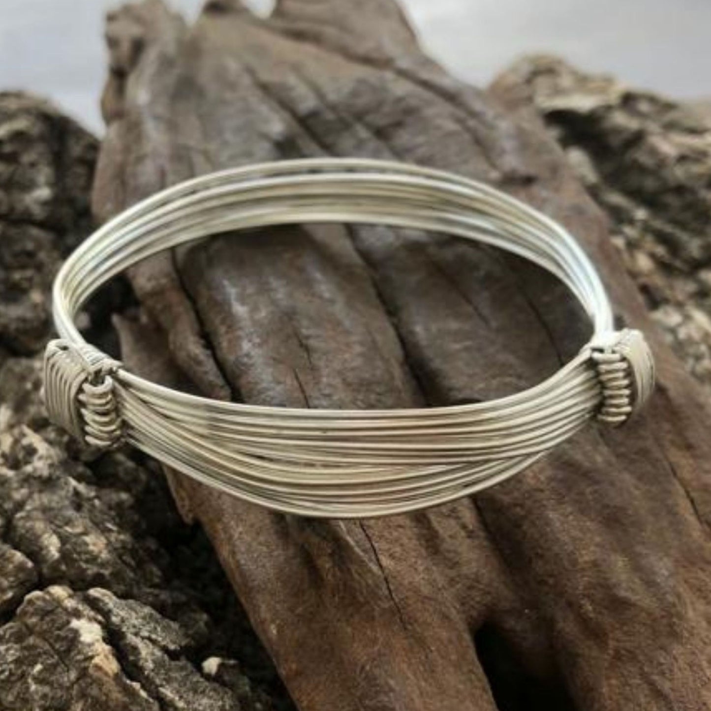 Two Knot Nine Strand Elephant Hair Bangle in Silver